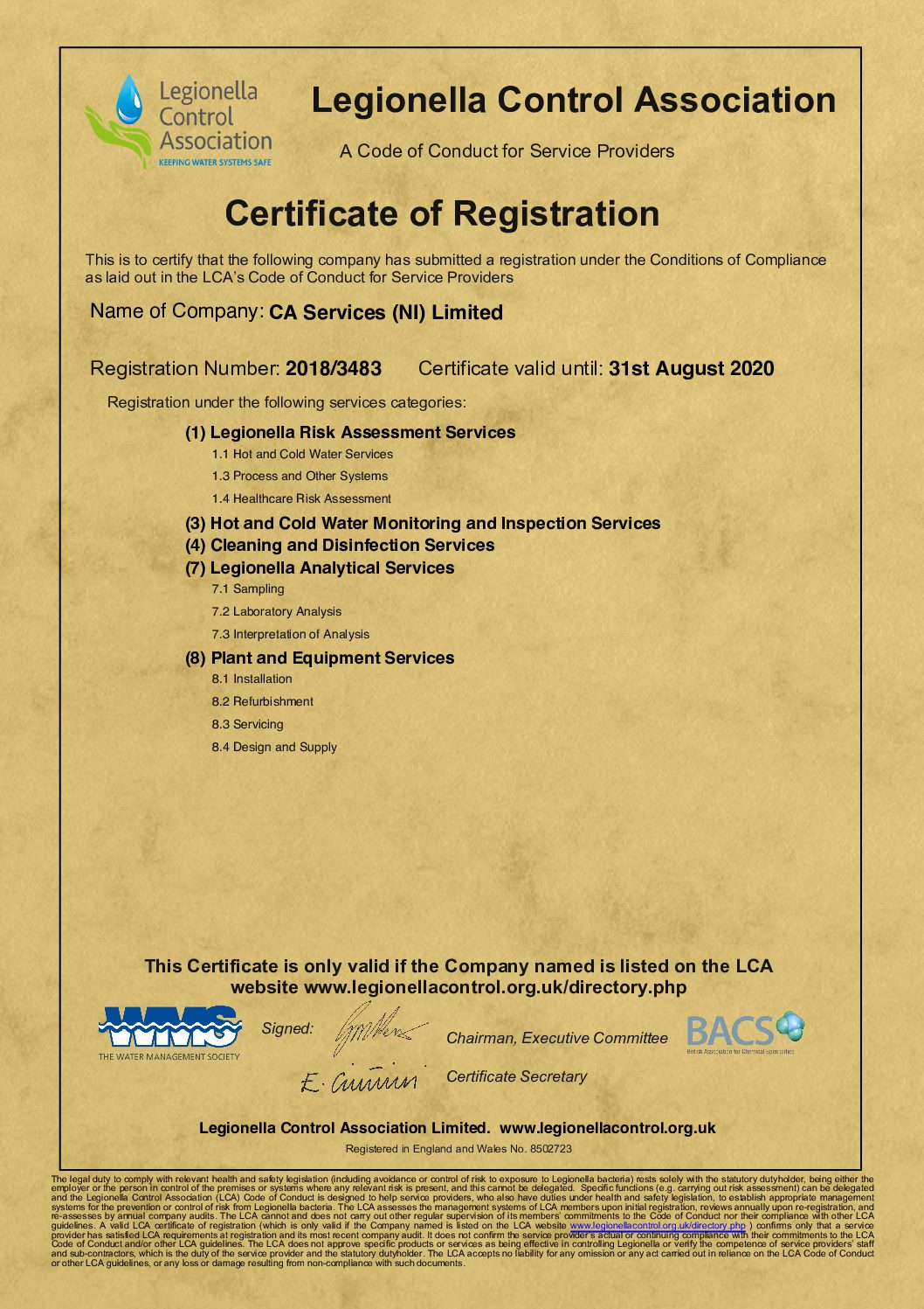 Legionella Control Association certified.