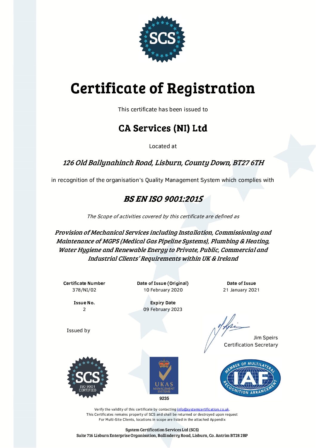 CA Services maintain their ISO 9001:2015